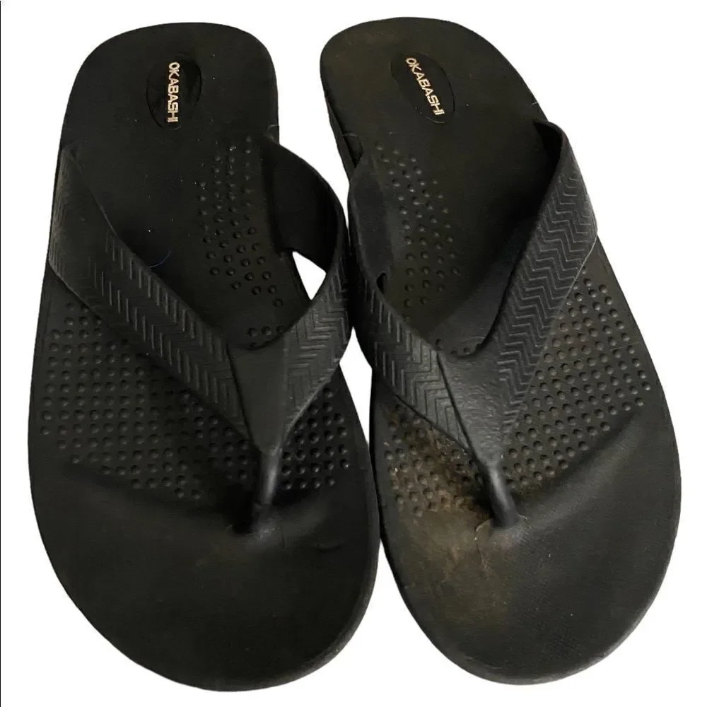 Okabashi Mens Sz L 8/8.5 Black Surf Arch Support Thong Flip Flops Sandals Shoes